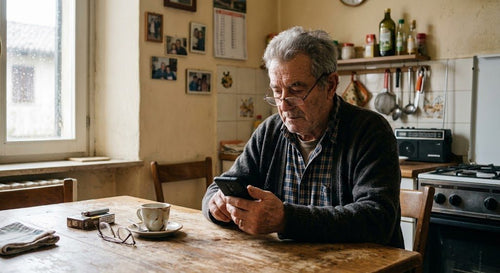 Un uomo anziano legge un messaggio sul telefono al tavolo della cucina