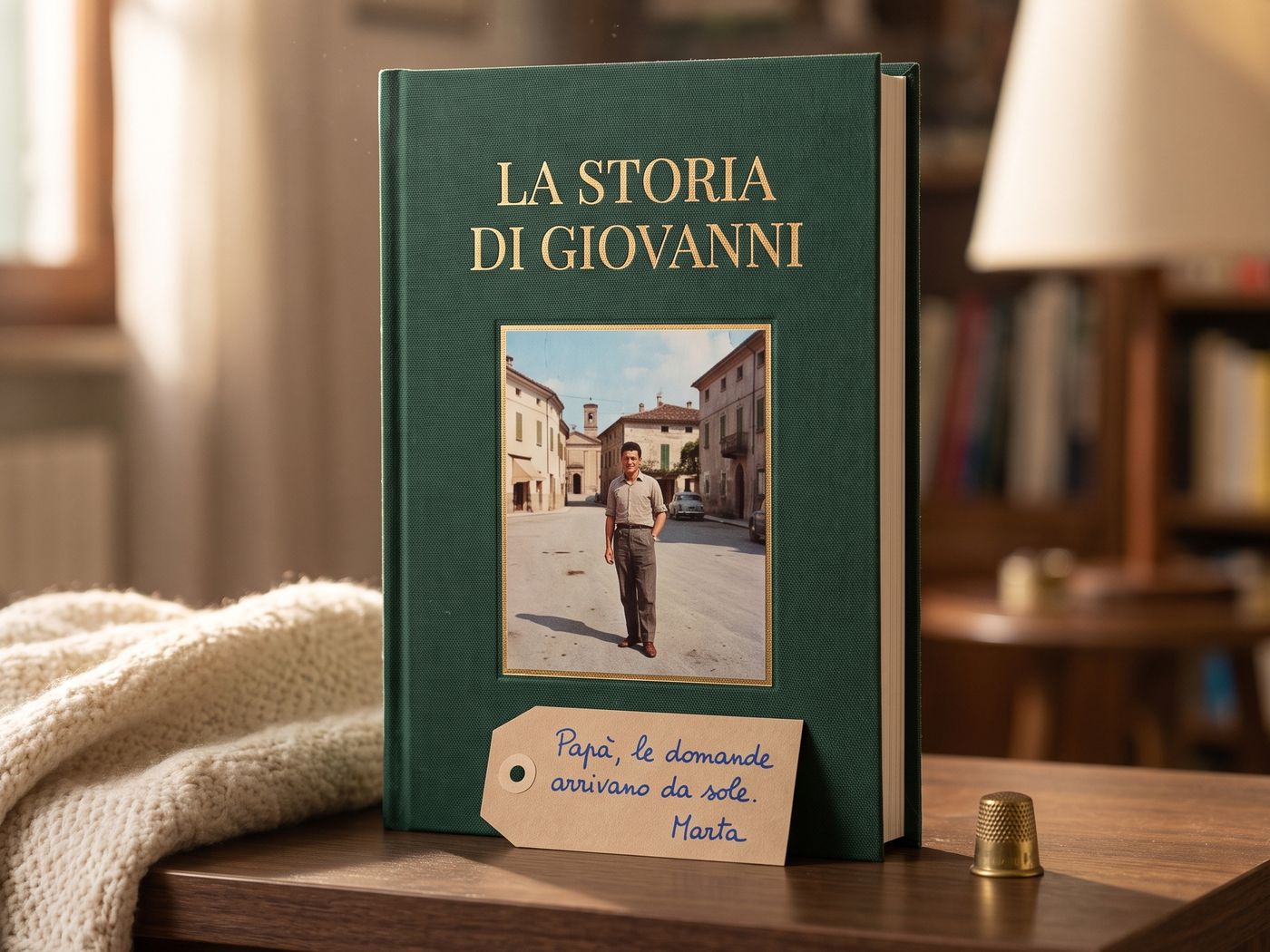 Il libro appoggiato sul comò di casa, con il biglietto del regalo